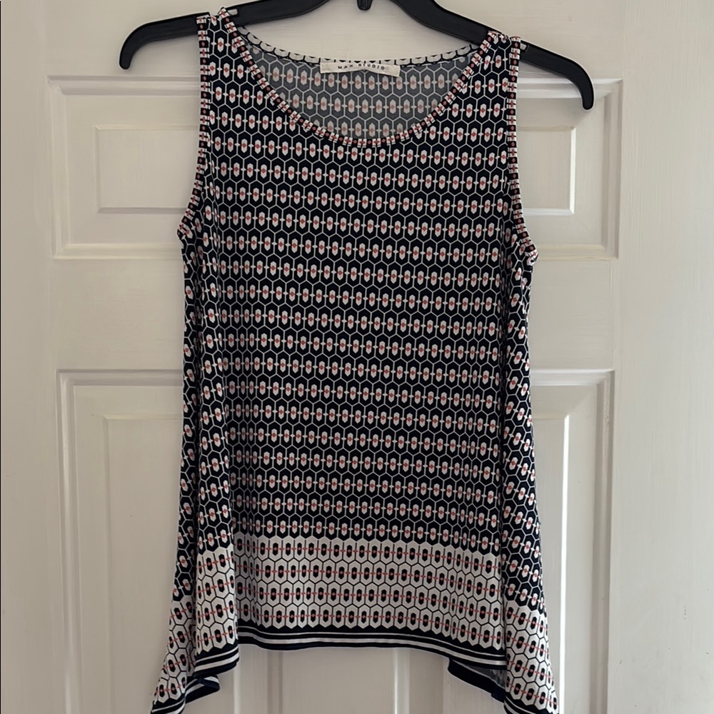 Max Studio White and Blue Asymmetrical Tank Top medium